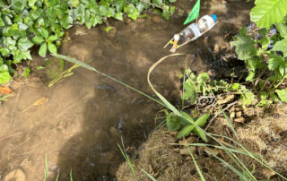 Kinderhand hält ein Modellboot mit Segel über den Bach.