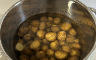 Topf mit vielen gekochten Kartoffeln im Wasser.