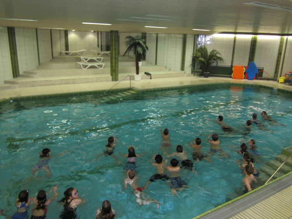 Gruppe von Kindern im Wasser in einem Hallenbad während einer Schwimmstunde.