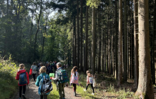 Kinder gehen auf einem Weg durch einen dichten Wald.