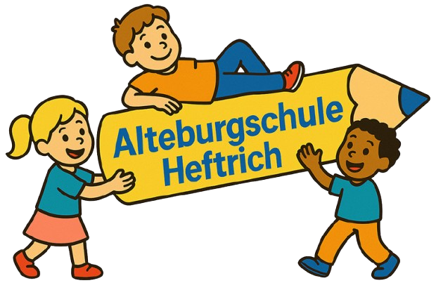 Logo der Alteburgschule Heftrich mit einer gezeichneten Gruppe von drei Kindern, die einen großen gelben Bleistift mit dem Schulnamen halten.